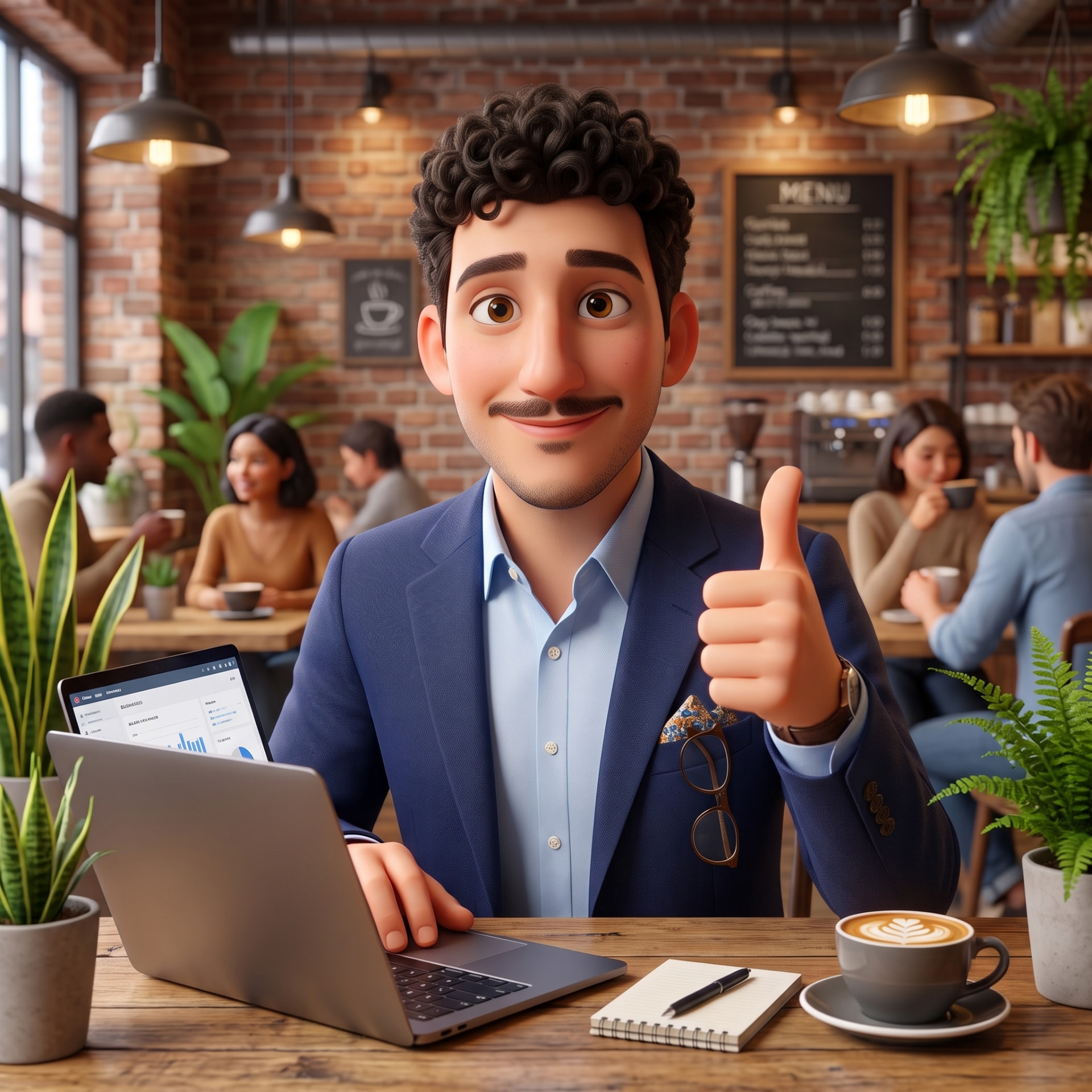 Animated portrait of Sedat Balcı giving a thumbs up in a café